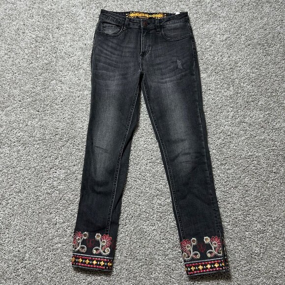 Desigual Exotic Jeans Black Embroidered Floral Pattern Slim Fit Womens Denim - Picture 2 of 14